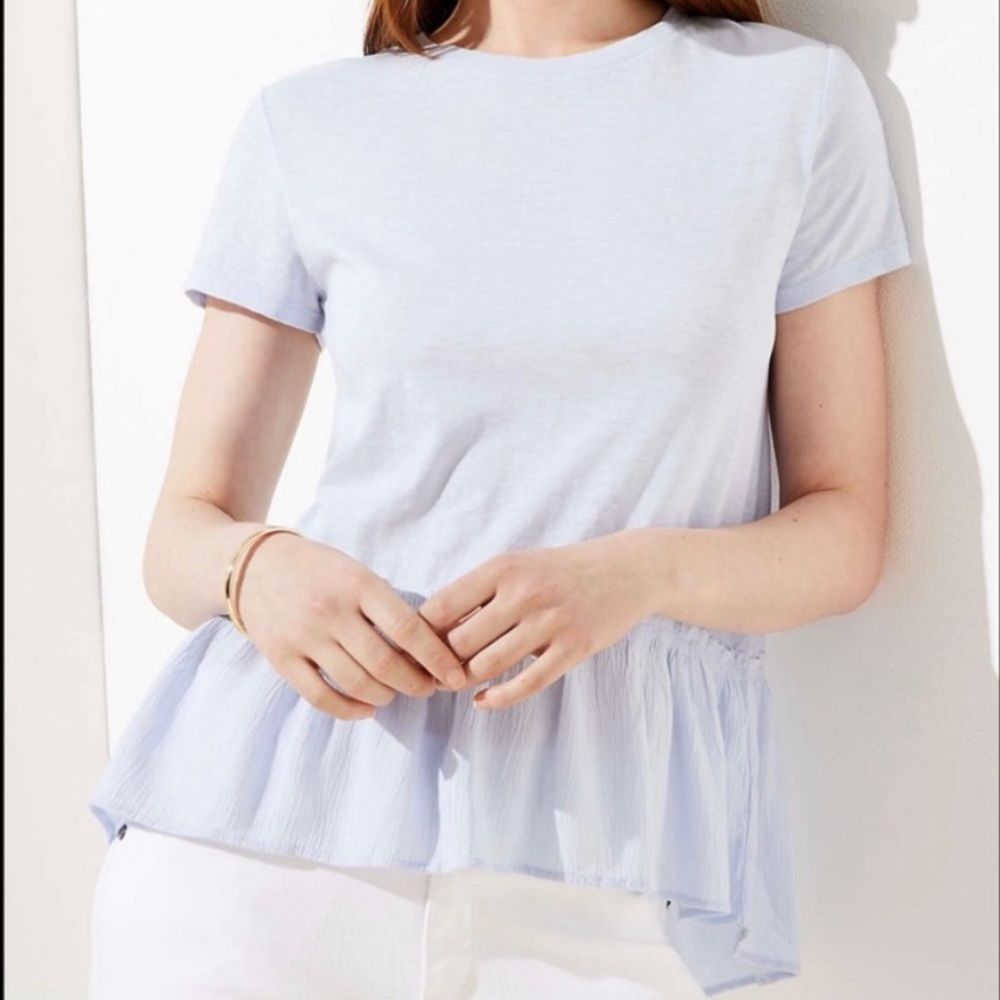 LOFT Light Blue Petite Mixed Media Peplum Top LP